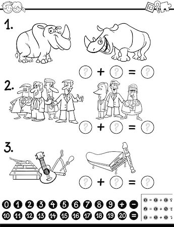 simsearch:400-08965106,k - Black and White Cartoon Illustration of Educational Counting and Addition Mathematical Activity for Children Coloring Page Stock Photo - Budget Royalty-Free & Subscription, Code: 400-08967794