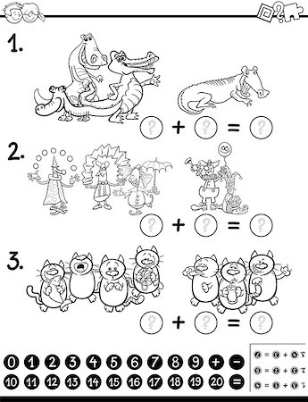 simsearch:400-08965099,k - Black and White Cartoon Illustration of Educational Counting and Addition Mathematical Activity for Children with Animal and People Characters Coloring Page Stock Photo - Budget Royalty-Free & Subscription, Code: 400-08967792