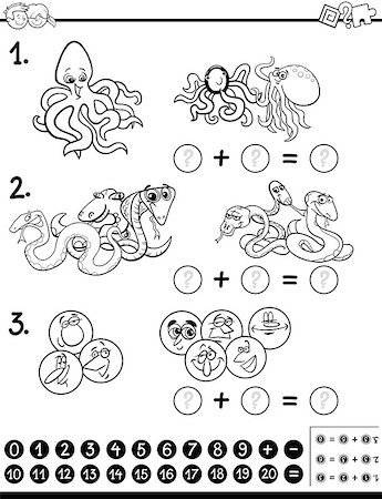 simsearch:400-08965106,k - Black and White Cartoon Illustration of Educational Counting and Addition Mathematical Activity for Children with Animal Characters Coloring Page Stock Photo - Budget Royalty-Free & Subscription, Code: 400-08967793