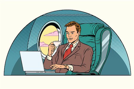 businessman working in the business class cabin. Aviation and travel. Pop art retro vector illustration Stock Photo - Budget Royalty-Free & Subscription, Code: 400-08968196