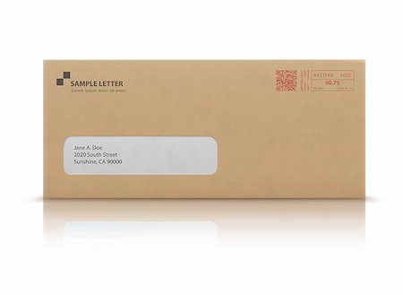 simsearch:400-09098455,k - Vector illustration of closed brown envelope for letters and documents with transparent window and post stamps isolated on white background. Mockup post envelope. Stockbilder - Microstock & Abonnement, Bildnummer: 400-08968213