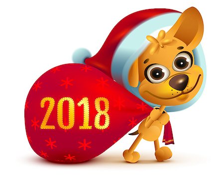 simsearch:400-09065162,k - Yellow dog symbol of year 2018. Funny Santa dog carries big bag of gifts. Isolated on white vector cartoon illustration Stock Photo - Budget Royalty-Free & Subscription, Code: 400-08968325