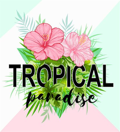 simsearch:400-09011216,k - Abstract tropical background with green leaves and pink flowers. Tropical paradise lettering Foto de stock - Super Valor sin royalties y Suscripción, Código: 400-08968478