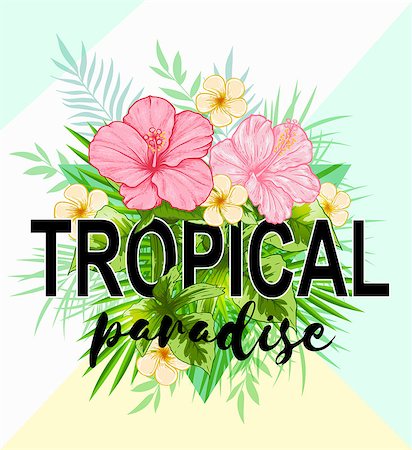 simsearch:400-09048464,k - Abstract tropical background with green leaves and pink flowers. Tropical paradise lettering Stockbilder - Microstock & Abonnement, Bildnummer: 400-08968479