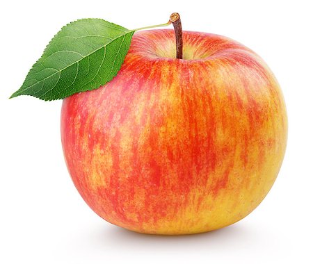 simsearch:400-09066237,k - Single ripe red yellow apple fruit with green leaf isolated on white background with clipping path Photographie de stock - Aubaine LD & Abonnement, Code: 400-08968562