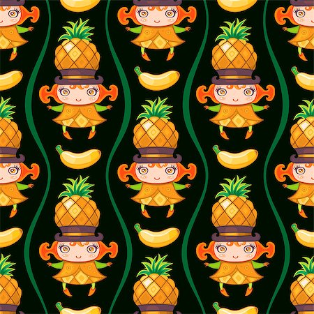 dianka (artist) - Seamless colorful pattern with cute little girl dressed fruity costume, wearing pineapple hat and banana fruit. Endless texture isolated on black background. Can be used as wallpaper or wrapping paper. Vector illustration Stockbilder - Microstock & Abonnement, Bildnummer: 400-08960138