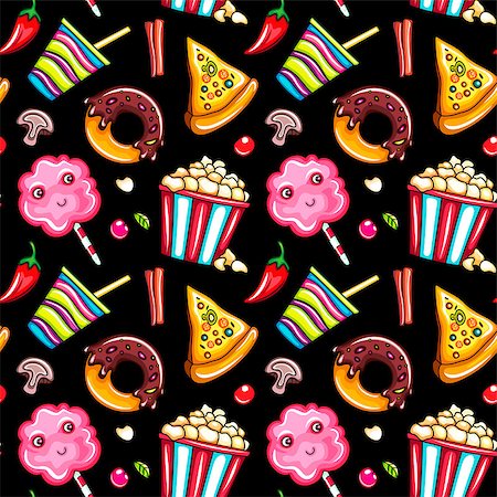 popcorn pattern - Seamless pattern fast food. Cup of cola or coffee, pizza slice,  chocolate doughnut, bucket popcorn and cute cotton candy. Vector illustration isolated on dark background for wrapping paper, web site Stock Photo - Budget Royalty-Free & Subscription, Code: 400-08960142