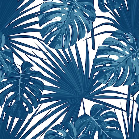 simsearch:400-08754428,k - Blue denim floral pattern with exotic plants and palm leaves. Seamless fabric design. Vector illustration. Stock Photo - Budget Royalty-Free & Subscription, Code: 400-08960230