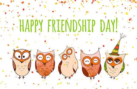 Happy friends enjoying Friendship Day. Cartoon hand drawn owls for your design. Vector illustration. Stock Photo - Budget Royalty-Free & Subscription, Code: 400-08960345