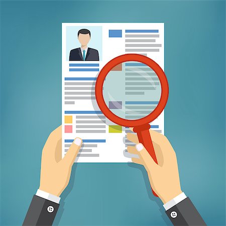 employer selecting employees - Hands holding a resume and learn it through a magnifying glass, the employer is considering job candidates resume. business concept job interview. Also available as a Vector in Adobe illustrator EPS 10 format. Stock Photo - Budget Royalty-Free & Subscription, Code: 400-08960692