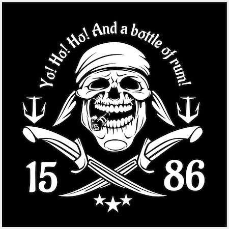 simsearch:400-06084708,k - Pirates Jolly Roger symbol. Vector poster of skull with pirate eye patch, crossed bones and swords or sabers. Black flag for entertainment party decor, alcohol drink bar or pub emblem or sign on black Stock Photo - Budget Royalty-Free & Subscription, Code: 400-08960709