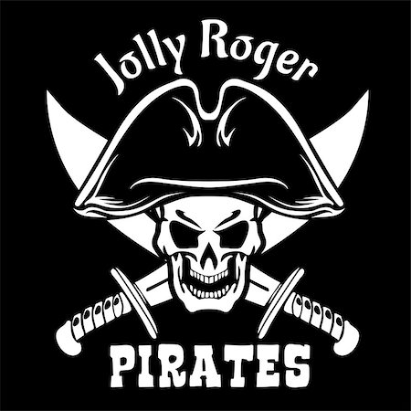 simsearch:400-09046433,k - Pirates Jolly Roger symbol. Vector poster of skull with pirate eye patch, crossed bones and swords or sabers. Black flag for entertainment party decor, alcohol drink bar or pub emblem or sign on black Foto de stock - Super Valor sin royalties y Suscripción, Código: 400-08960717