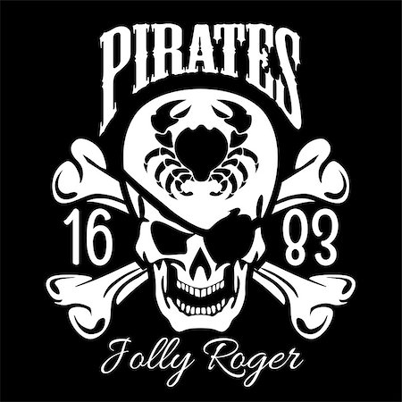 simsearch:400-06084708,k - Pirates Jolly Roger symbol. Vector poster of skull with pirate eye patch, crossed bones and swords or sabers. Black flag for entertainment party decor, alcohol drink bar or pub emblem or sign on black Stock Photo - Budget Royalty-Free & Subscription, Code: 400-08960710