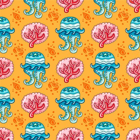 simsearch:400-09029281,k - Vector nautical pattern. Seamless texture with hand drawn doodle sea objects: coral branch, decorative jellyfish, seashells, and silhouette crab. Vector nautical background, Sea vacation collection Stockbilder - Microstock & Abonnement, Bildnummer: 400-08960766