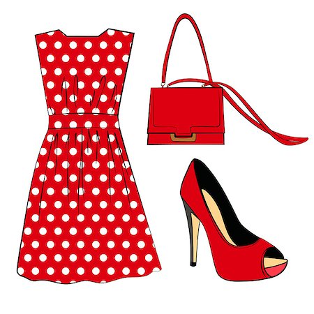 simsearch:400-04160265,k - Romantic red polka dots dress, shoe and handbag isolated on white. vector illustration Stock Photo - Budget Royalty-Free & Subscription, Code: 400-08960779