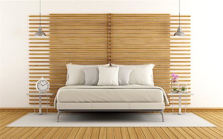 simsearch:400-07796866,k - Minimalist master bedroom with white double bed and decorative wooden panel - 3d rendering Stock Photo - Budget Royalty-Free & Subscription, Code: 400-08961089