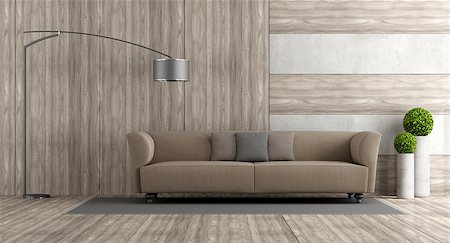 simsearch:400-06396170,k - Wooden and concrete living room with sofa and floor lamp- 3d rendering Photographie de stock - Aubaine LD & Abonnement, Code: 400-08961096