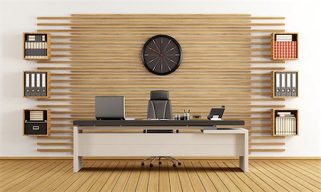 Modern office with desk and decorative wooden panel - 3d rendering Stock Photo - Budget Royalty-Free & Subscription, Code: 400-08961097
