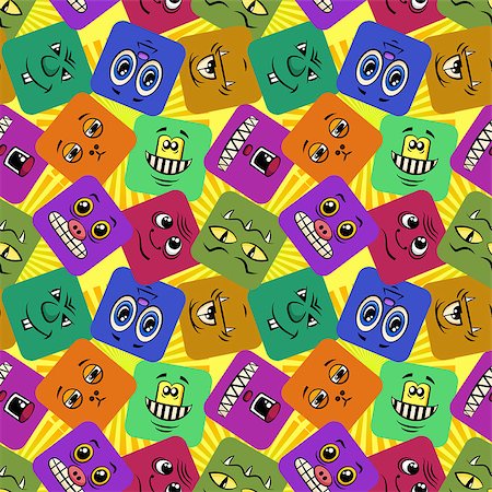 simsearch:400-08752377,k - Seamless Background with Smileys, Monsters, Funny Cartoon Characters, Different Faces in Colorful Squares, Tile Pattern for Your Design. Vector Stockbilder - Microstock & Abonnement, Bildnummer: 400-08961139