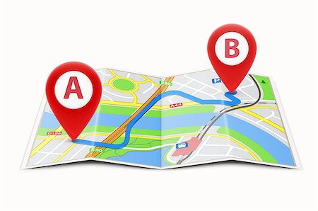 Vector illustration of global navigation concept with city map and two glossy location pointer icons on it Stock Photo - Budget Royalty-Free & Subscription, Code: 400-08961210