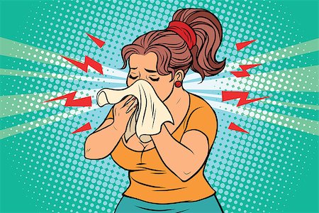 female coughing - The woman is sick, runny nose and handkerchief. Comic book illustration pop art retro color vector Stock Photo - Budget Royalty-Free & Subscription, Code: 400-08961384