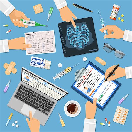 Doctors workplace concept with flat icons hands holds x-ray, medical record, cardiogram, syringe. isolated vector illustration Fotografie stock - Microstock e Abbonamento, Codice: 400-08961448