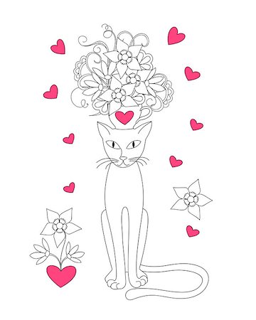 Cartoon cat with cup, flowers and hearts for Valentine greeting card, invitation, wedding, romantic holiday, for adult and child coloring book. eps 10 Stock Photo - Budget Royalty-Free & Subscription, Code: 400-08961529