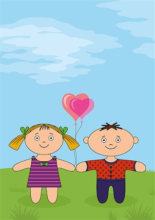 simsearch:400-04813777,k - Children, little boy and girl, dolls standing on green meadow with valentine heart balloons. Vector Fotografie stock - Microstock e Abbonamento, Codice: 400-08961825