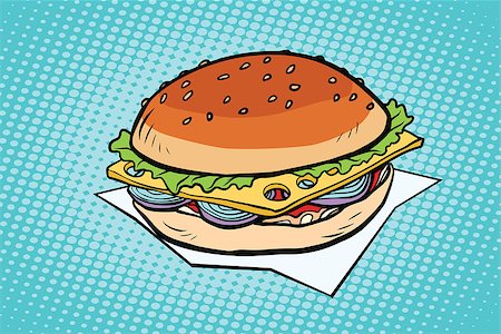 sandwich rustic table - Cheeseburger with onions and cheese. Pop art retro vector illustration Foto de stock - Super Valor sin royalties y Suscripción, Código: 400-08961956