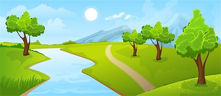 Cartoon illustration of the rural summer landscape with river Stock Photo - Budget Royalty-Free & Subscription, Code: 400-08962118