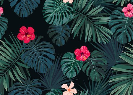 Seamless hand drawn botanical exotic pattern with green palm leaves on dark background. Vector illustration. Stock Photo - Budget Royalty-Free & Subscription, Code: 400-08962246