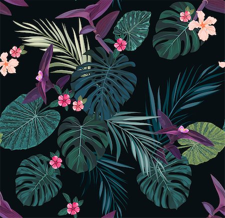 Seamless tropical pattern with green palm leaves and hibiscus flowers on dark background. Vector illustration. Foto de stock - Super Valor sin royalties y Suscripción, Código: 400-08962243