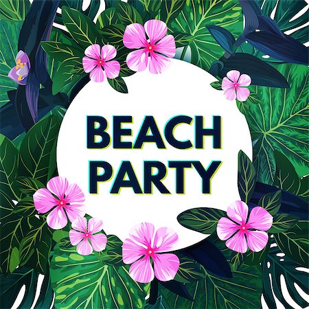 Bright floral banner template for summer beach party. Tropical flyer with green exotic palms and pink flowers, vector illustration. Foto de stock - Super Valor sin royalties y Suscripción, Código: 400-08962250