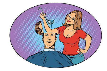 sauce in ladel - Wife husband prepares soup in his head. The concept of hunger and thoughts. Comic cartoon style pop art vector retro illustration Stock Photo - Budget Royalty-Free & Subscription, Code: 400-08962305