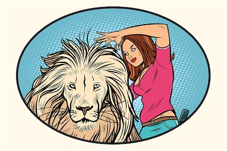 Female stylist hairdresser cuts the mane of a lion. Comic cartoon style pop art vector retro illustration Foto de stock - Super Valor sin royalties y Suscripción, Código: 400-08962312