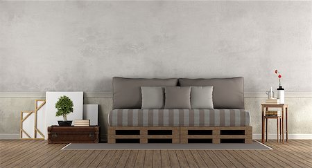 simsearch:400-08797073,k - Retro living room with pallet sofa - 3d rendering Stock Photo - Budget Royalty-Free & Subscription, Code: 400-08962355