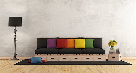 simsearch:400-08797073,k - Living room with wooden sofa and colorful cushion - 3d rendering Stock Photo - Budget Royalty-Free & Subscription, Code: 400-08962357