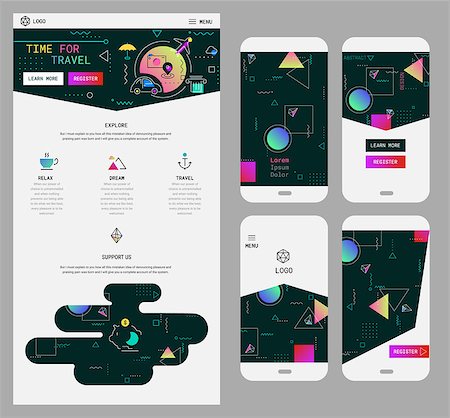 simsearch:400-08645953,k - Trendy responsive landing page or one page website template, for startups and apps, and mobile smartphone abstract background wallpaper screens kit, with new retro 80s - 90s style design Stock Photo - Budget Royalty-Free & Subscription, Code: 400-08962481
