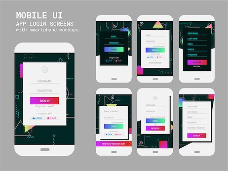 simsearch:400-08645953,k - Trendy responsive mobile UI templates of login and registration screens, with smartphone mockups and abstract background wallpaper screens kit, new retro 80s - 90s style design Stock Photo - Budget Royalty-Free & Subscription, Code: 400-08962482
