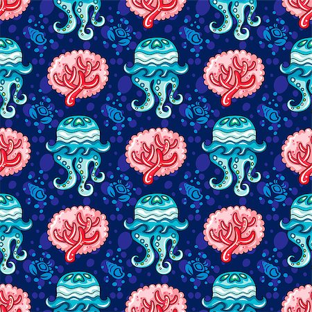 simsearch:400-04393429,k - Vector nautical pattern. Seamless texture with hand drawn doodle sea objects: coral branch, decorative jellyfish, seashells, and silhouette crab. Vector nautical background, Sea vacation collection Stockbilder - Microstock & Abonnement, Bildnummer: 400-08962504