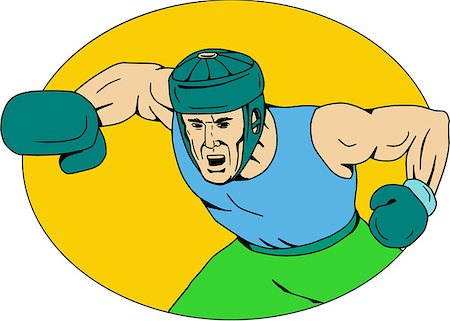 simsearch:400-08623964,k - Drawing sketch style illustration of an amateur boxer wearing headgear hitting a knockout punch viewed from front set inside oval shape. Foto de stock - Royalty-Free Super Valor e Assinatura, Número: 400-08963064