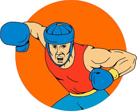 simsearch:400-08623964,k - Drawing sketch style illustration of an amateur boxer wearing headgear hitting an overhead punch viewed from front set inside circle shape. Foto de stock - Royalty-Free Super Valor e Assinatura, Número: 400-08963065