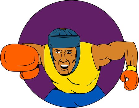 simsearch:400-08623964,k - Drawing sketch style illustration of an amateur boxer wearing headgear punching viewed from front set inside circle. Foto de stock - Royalty-Free Super Valor e Assinatura, Número: 400-08963066