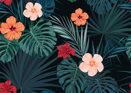 Seamless hand drawn tropical pattern with hibiscus flowers and exotic palm leaves on dark background. Vector illustration. Foto de stock - Super Valor sin royalties y Suscripción, Código: 400-08963076