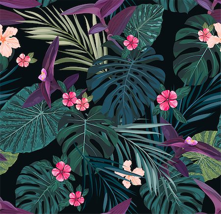 Seamless botanical exotic pattern with green palm leaves and hibiscus flowers on dark background. Vector illustration. Foto de stock - Super Valor sin royalties y Suscripción, Código: 400-08963073