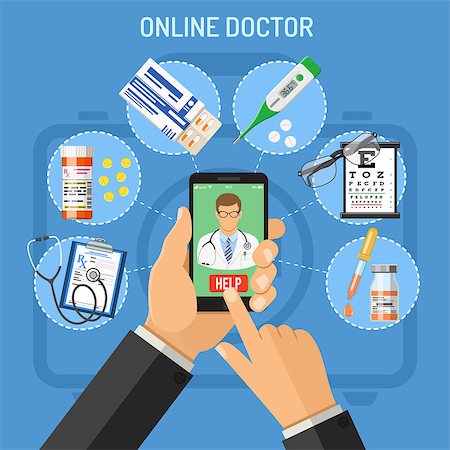 Online doctor concept with flat icons hands, smartphone and prescription, stethoscope, pills, thermometer. isolated vector illustration Stock Photo - Budget Royalty-Free & Subscription, Code: 400-08963188