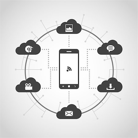 simsearch:400-07035657,k - picture of mobile phone with clouds, cloud computing concept, data storage network technology, flat style illustration. Stock Photo - Budget Royalty-Free & Subscription, Code: 400-08963215