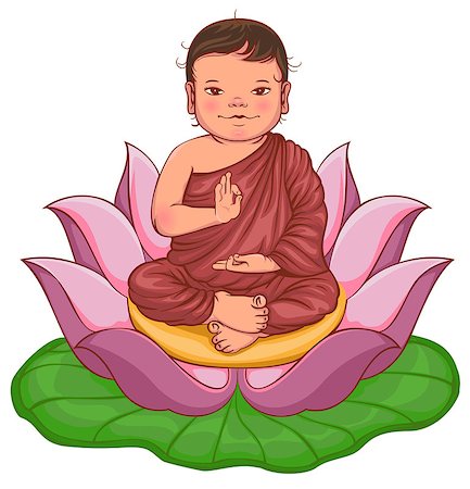 simsearch:400-05154191,k - Newborn buddha boy sits in lotus flower. Isolated on white vector cartoon illustration Stock Photo - Budget Royalty-Free & Subscription, Code: 400-08963227