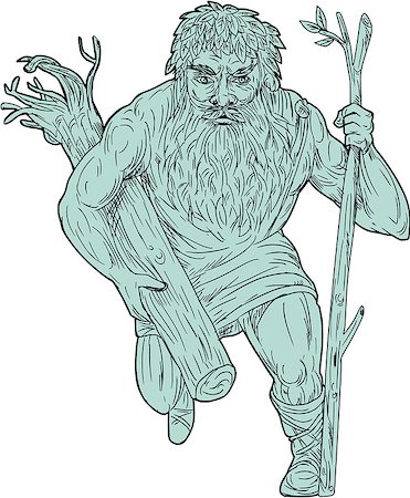 simsearch:400-08917363,k - Drawing sketch style illustration of a leshy or Leshiye , a tutelary spirit of the forests in Russian or Slavic folklore holding tree trunk and staff viewed from front on isolated white background. Stock Photo - Budget Royalty-Free & Subscription, Code: 400-08963316