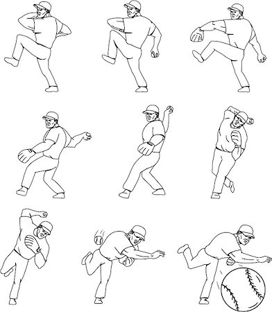 simsearch:400-08920013,k - Collection set of illustrations of an american baseball player pitcher outfilelder in a throwing ball movement done in mono line style. Foto de stock - Royalty-Free Super Valor e Assinatura, Número: 400-08963819